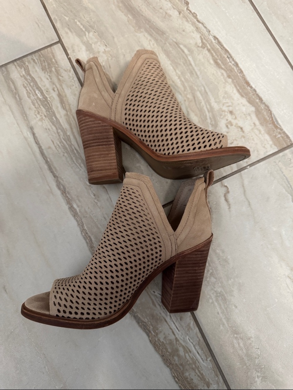 Vince Camuto Taupe Perforated Peep-Toe Block Heel Booties